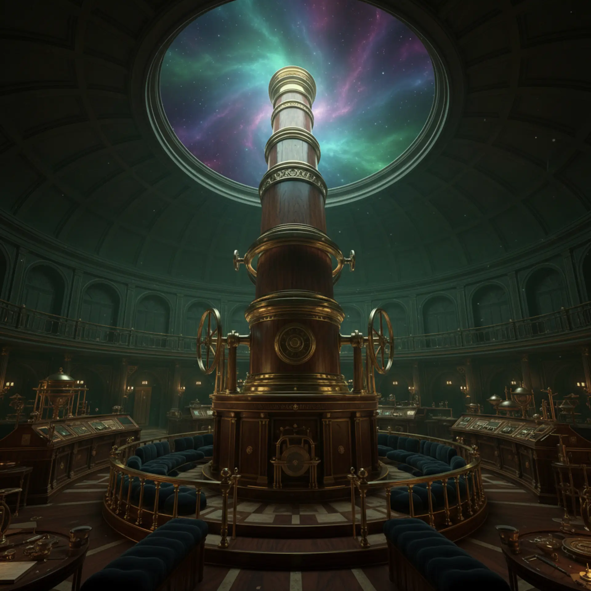 A giant intricate brass telescope pointing at a glowing purple and green nebula
